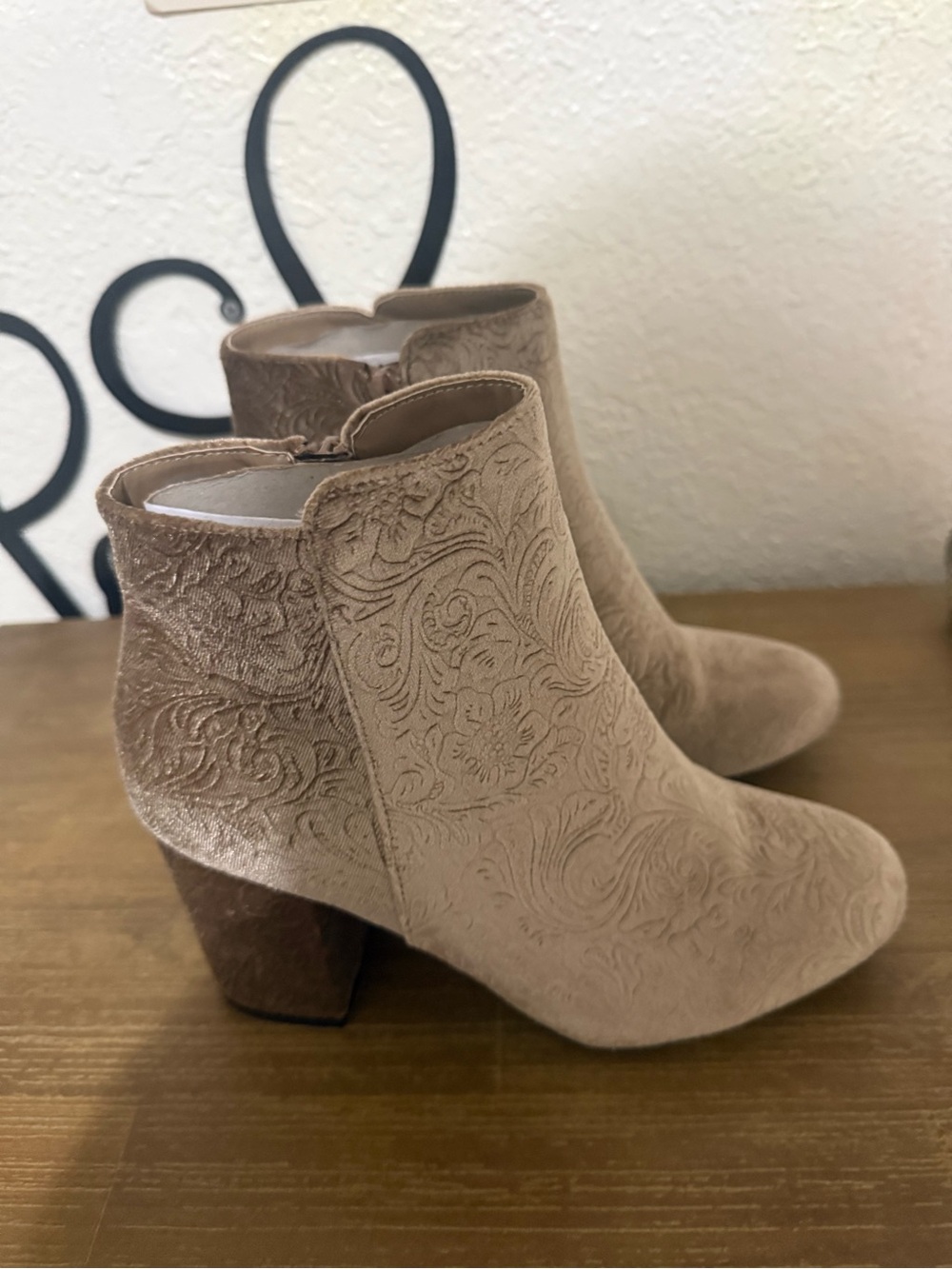 Women’s Embossed Taupe Ankle Booties - Picture 2 of 3